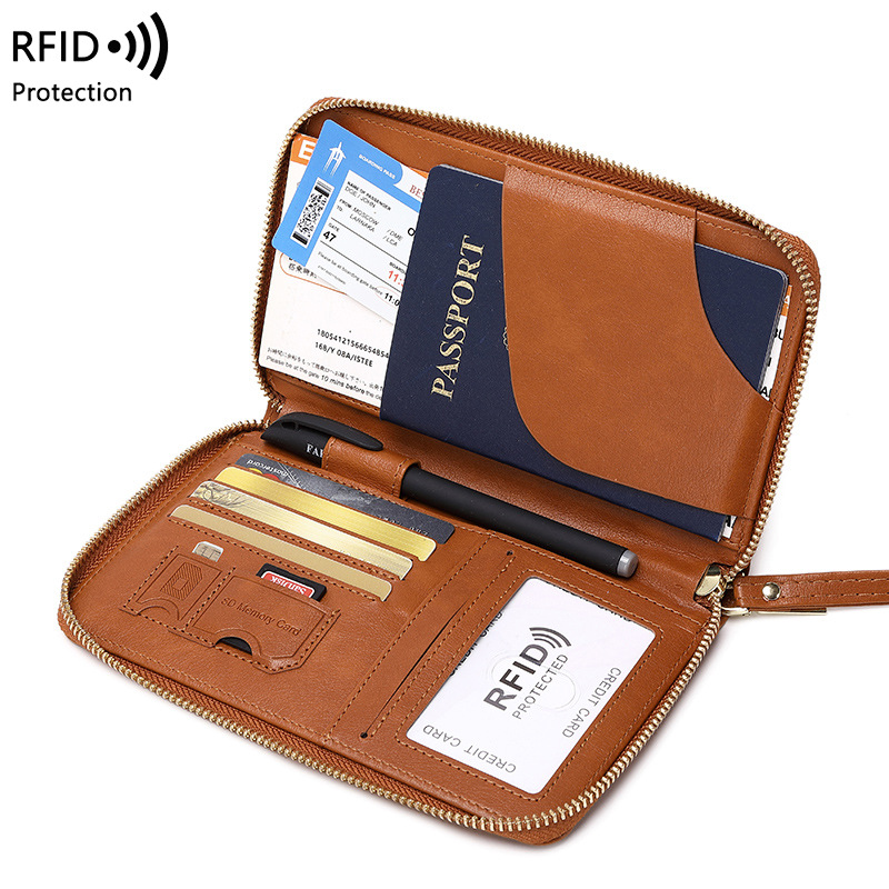 Travel Accessories Essentials - กระเป๋าเก็บบัตรป้องกัน RFID แบบมีซิปใหม่สำหรับเดินทางกระเป๋าโทรศัพท์อุปกรณ์เสริมการเดินทางระหว่างประเทศปกหนังสือเดินทางหนัง