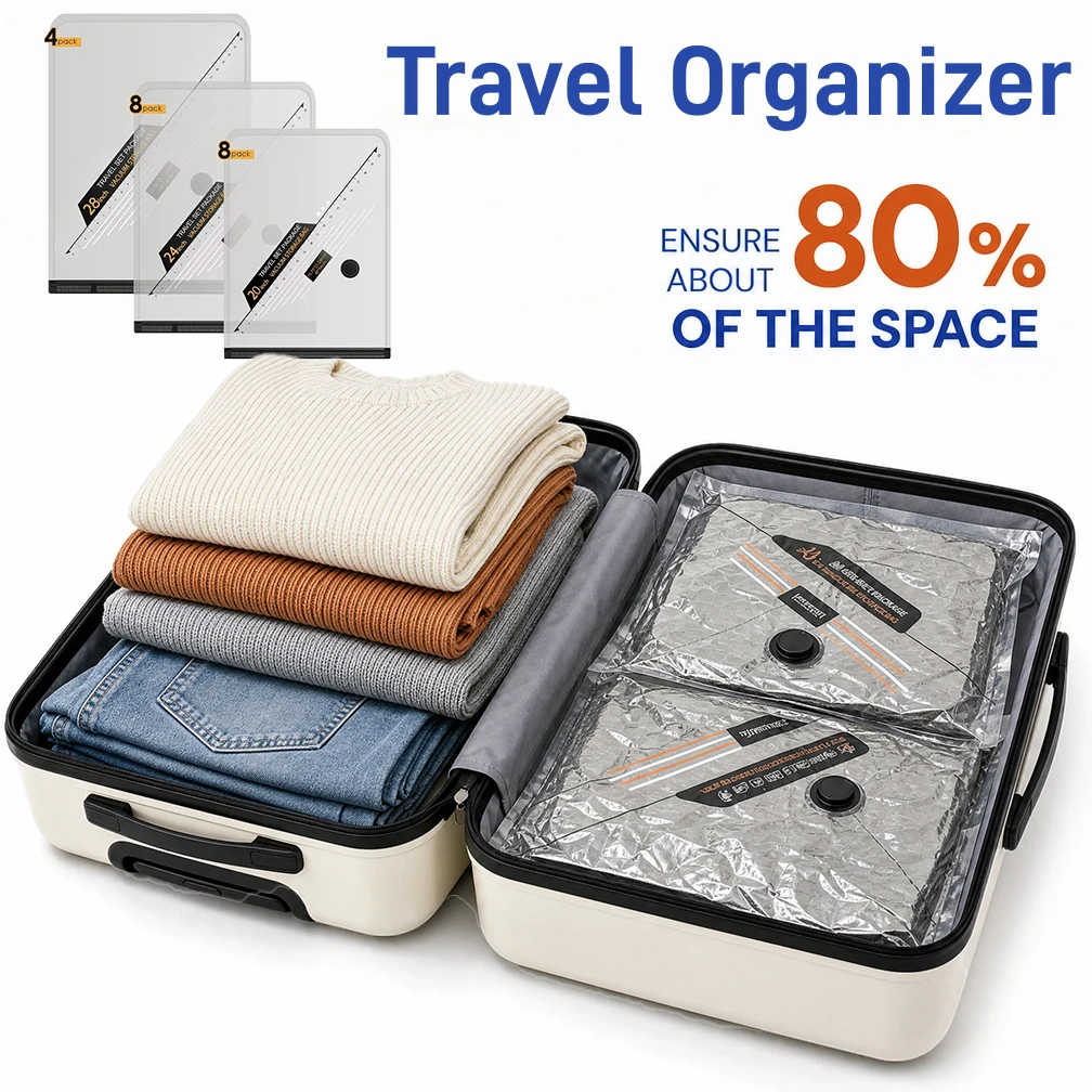 Travel Accessories Essentials - ชุดถุงสูญญากาศกันฉีกขาดสำหรับการเดินทาง, ถุงเก็บเสื้อผ้าอเนกประสงค์กันน้ำ, อุปกรณ์จัดระเบียบกระเป๋าเดินทางแบบใช้ซ้ำได้