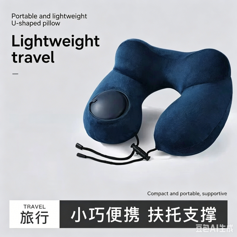 Travel Pillow Inflatable - หมอนรองคอคริสตัลฟลีซแบบพกพา ถอดซักได้ พับเก็บได้ สำหรับการเดินทาง พักผ่อนในออฟฟิศ แบบเป่าลมรูปทรงตัวยู